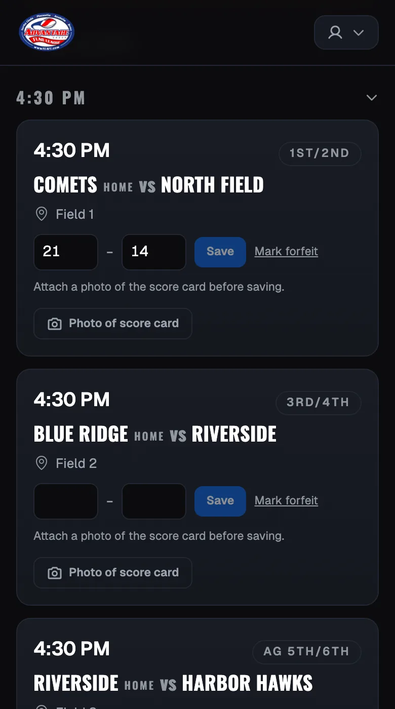 Crew score entry on a phone, with the day's games and a final score for each