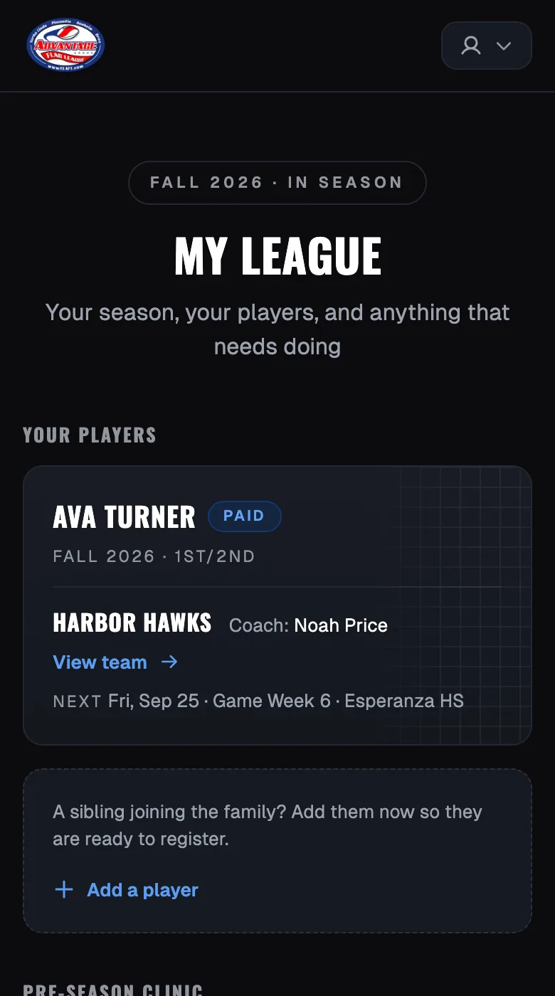 A family's dashboard on a phone, with each registered player and what is owed
