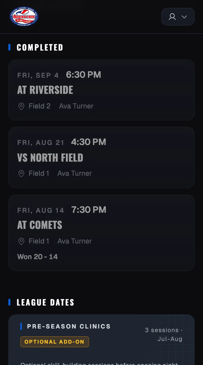 A family's schedule on a phone, with each upcoming game's time and field