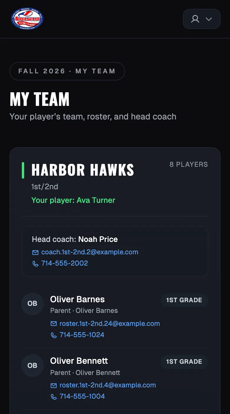 A family's team page on a phone, with the released roster and the coach
